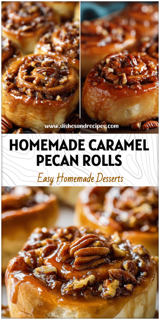 Golden Caramel Pecan Cinnamon Rolls glazed with caramel and pecans on a baking tray.